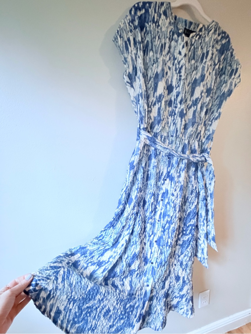 bobeau Blue and White Printed Maxi Dress with Tie Belt